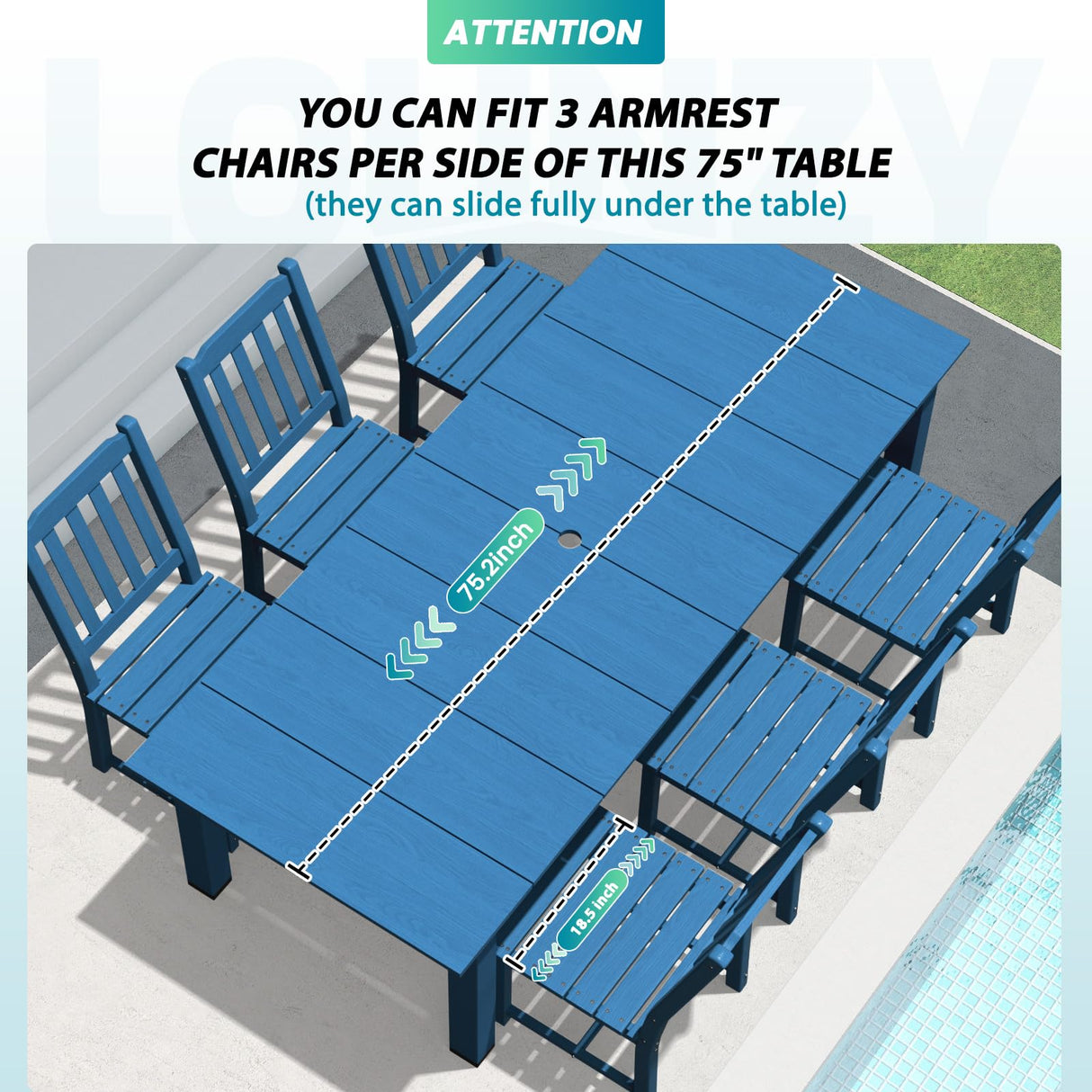 LOUNZY 9 Pieces Patio Dining Sets, Outdoor HDPE Furniture Set for 8 w/ 2" Hole Cut-Out Dining Table with 8 Patio Chairs(2 W/Armrest, 6 w/o Armrest), Navy LOUNZY