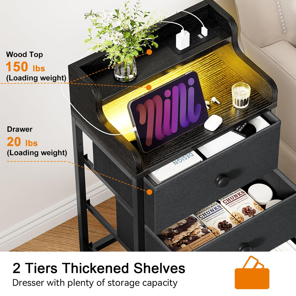 REAHOME Dresser for Bedroom with Charging Station and LED Lights, 6 Drawers Dresser Black Chest of Drawers with Shelves, Tall Night Stand with Sturdy Steel Frame & Wood Top for Bedroom - Black Grey REAHOME