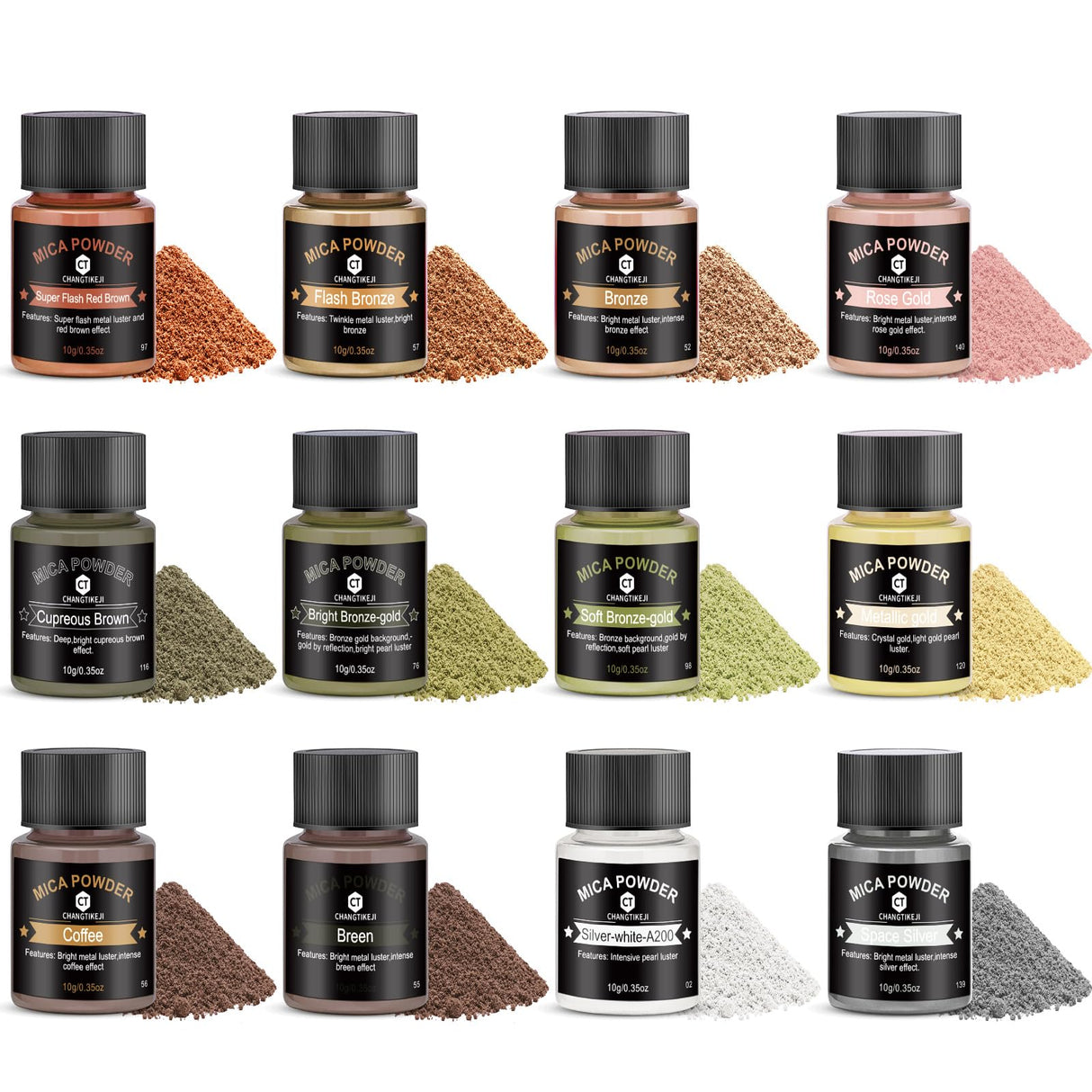 Mica Powder 12 Colors Pearlescent Pigment - for Resin Epoxy, Soap Making, Nail Polish, Lip Gloss, Eye Shadow, Bath Bomb, Slime & Candle - 10g Each Bottle(Mica Iron Metal Hues) CHANGTIKEJI
