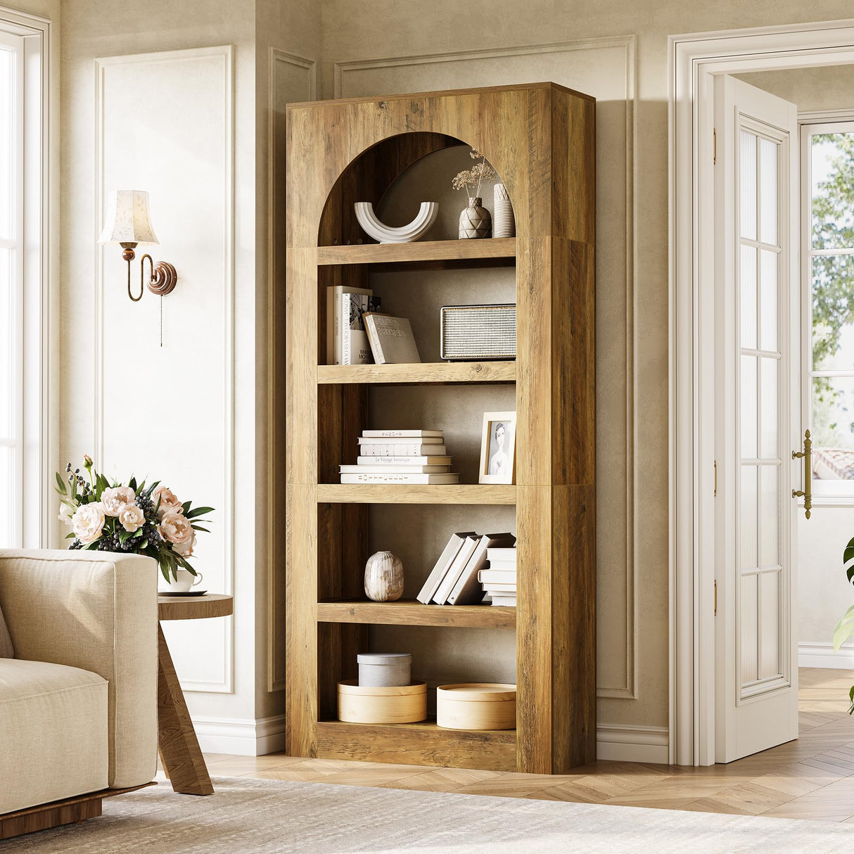 LITTLE TREE 5-Tier Arched Bookshelf, 70.8 Inches Modern Wooden Bookcase, Open Display Storage Shelf Organizer for Living Room, Home Office, Bedroom, Light Brown LITTLE TREE
