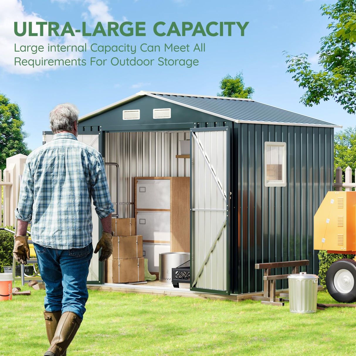 MistMo 6X8X6.4FT Outdoor Steel Storage Shed with Lockable Doors, One Clear Window,Ideal for Garden, Backyard, Patio Storage Mistmo