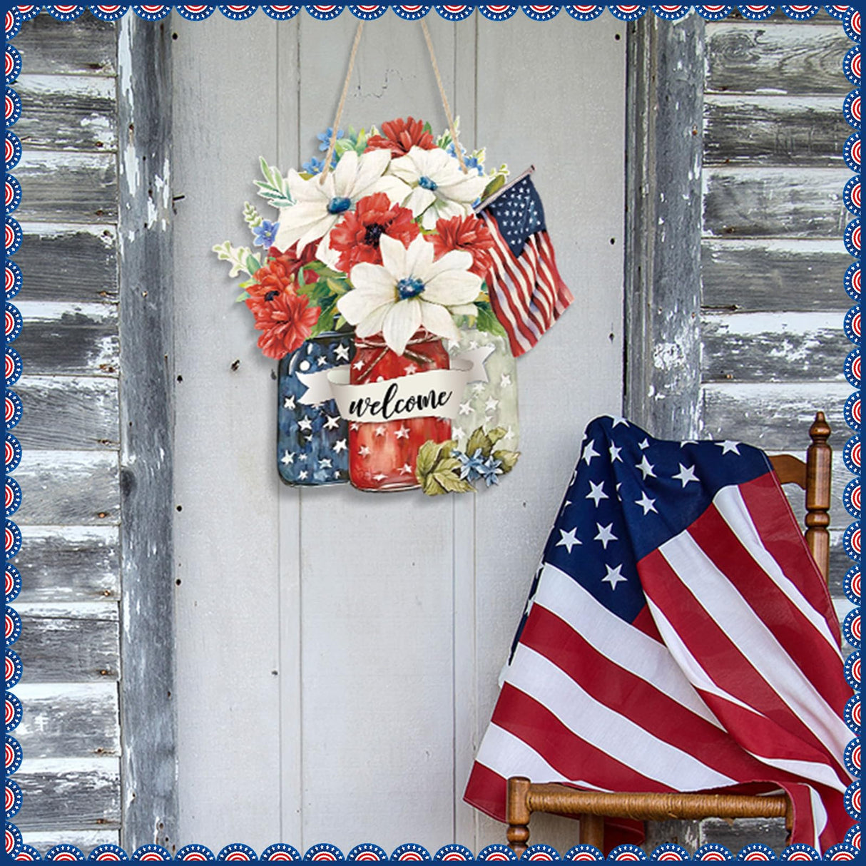 Spiareal 4th of July Welcome Door Decoration Farmhouse Patriotic Wooden Sign Rustic Independence Day Wood Wreaths Red White Blue Wall Decor American Flag Hanging Sign for Front Door Decorations Spiareal