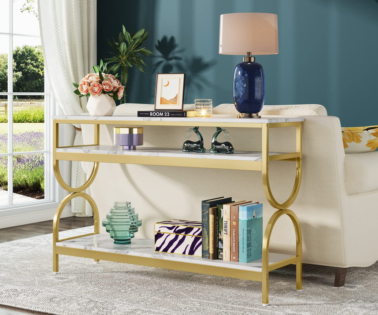 Tribesigns 3-Tier Console Table, 55 inch Sofa Table with Open Storage Shelves, Narrow Long Hallway/Entryway Table with Faux Marble Top for Home Living Room Entryway, White & Gold Tribesigns