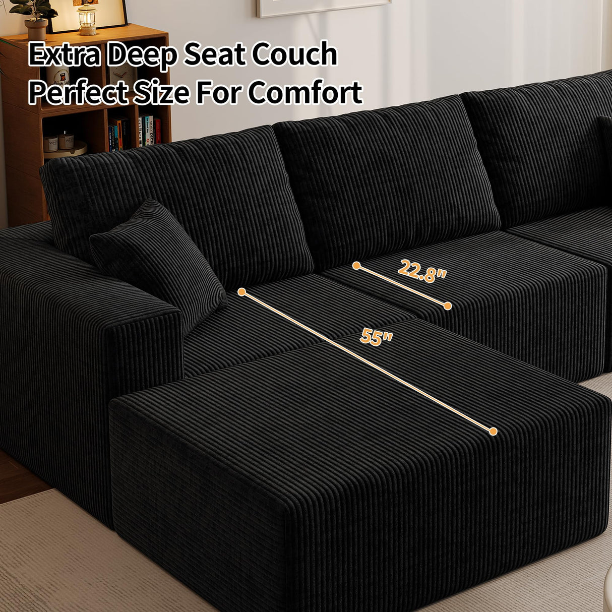 YHMEIXH 139" Black sectional couches for Living Room, Modular Sectional Sofa withDeep Seat, Boneless Sofa for Living Room, L-Shape Boneless Couch for Apartments Bedroom, No Assembly Required (Right) YHMEIXH