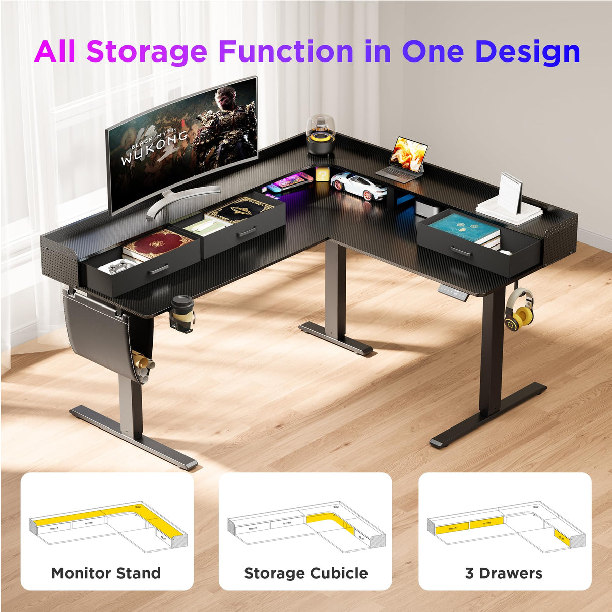 WALKINGDESK 63 Inches Height Adjustable L Shaped Standing Desk with 3 Drawers and Monitor Shelf, Electric Corner Comupter Desk, Sit Stand up Home Office Desk, Ergonomic Gaming Desk, Black WALKINGDESK