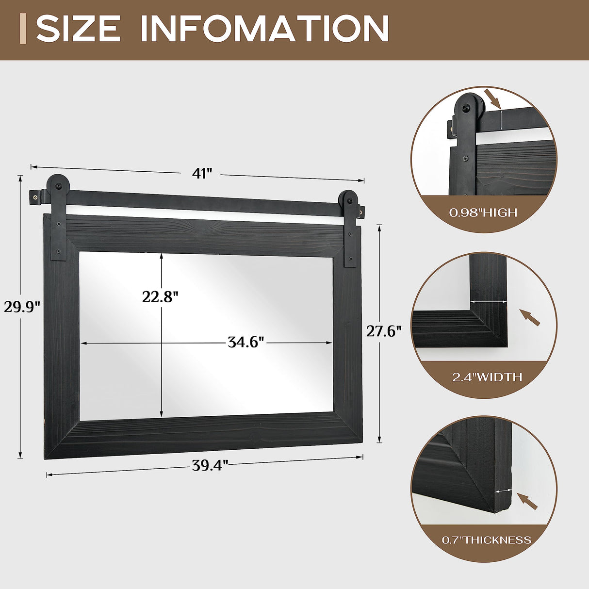 COGOOD Farmhouse Bathroom Mirror - 41" x 30" Rustic Barn Door Mirror for Living Room, Entryway, Bedroom, Vanity Wall Decor (Black) COGOOD