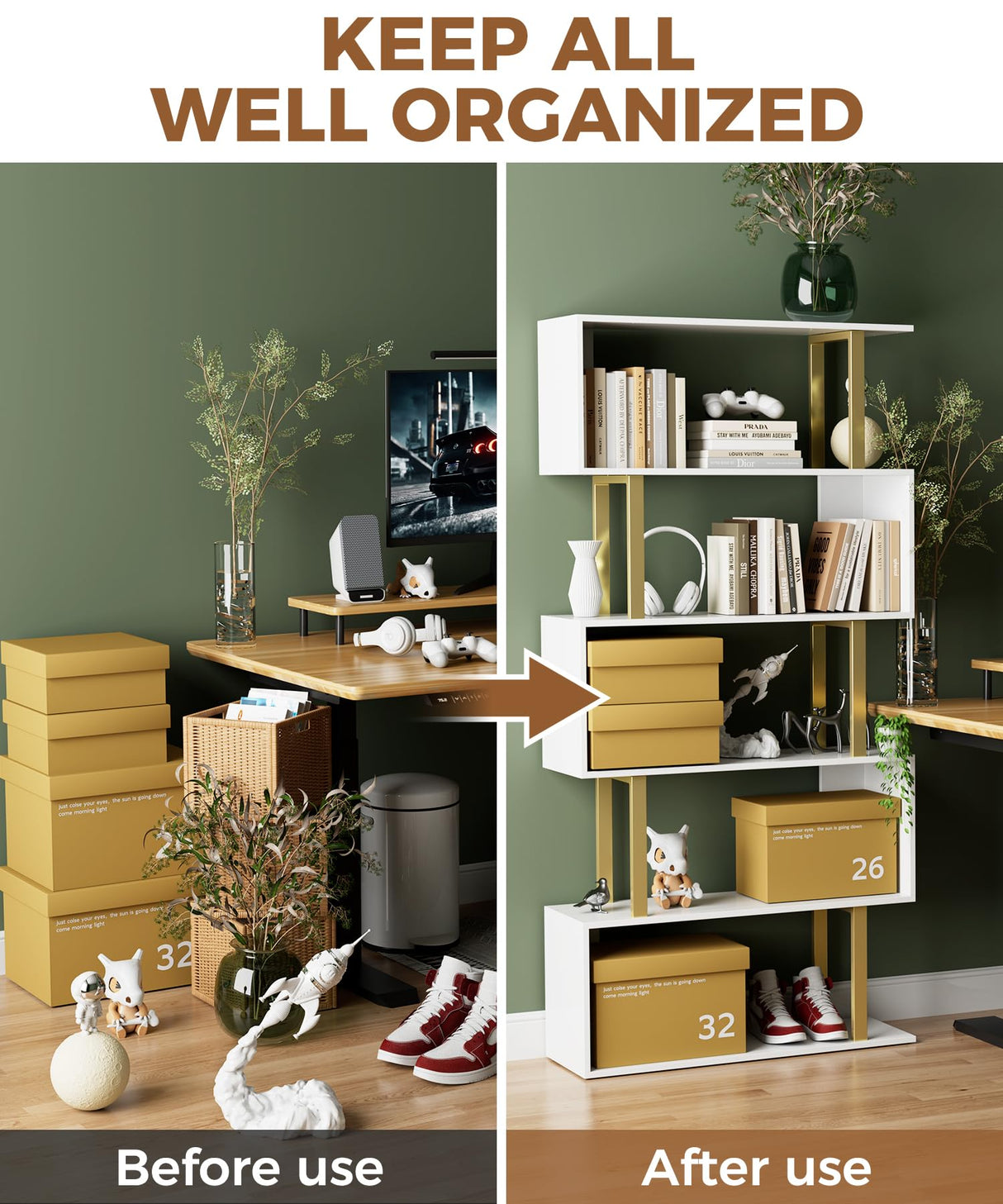 Gadroad 5 Tier Geometric Bookcase,S Shaped Bookshelf, Wood Decorative Storage Shelving, Modern Freestanding Display Shelves, Tall Book Shelf Unit for Living Room Bedroom, Gold Gadroad