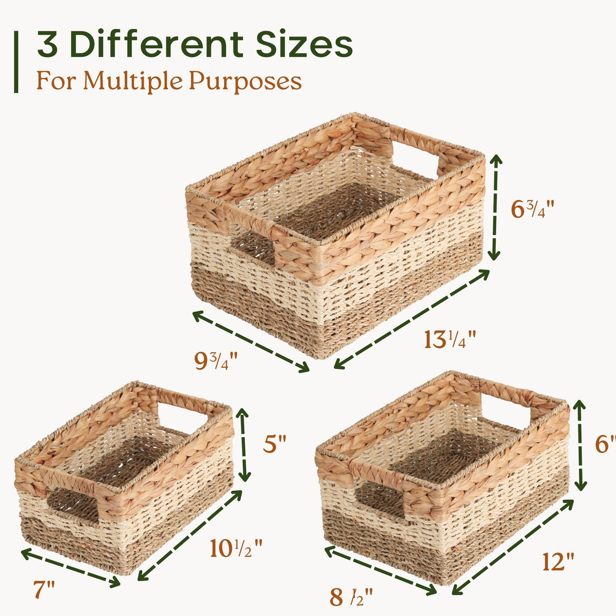 CHI AN HOME Wicker Storage Baskets, Set of 3 Water Hyacinth Storage Baskets For Organizing, Storage Bins Container for Shelves, Woven Pantry Baskets, 3-Pack, Natural, Built-in Carry Handles Chi An Home