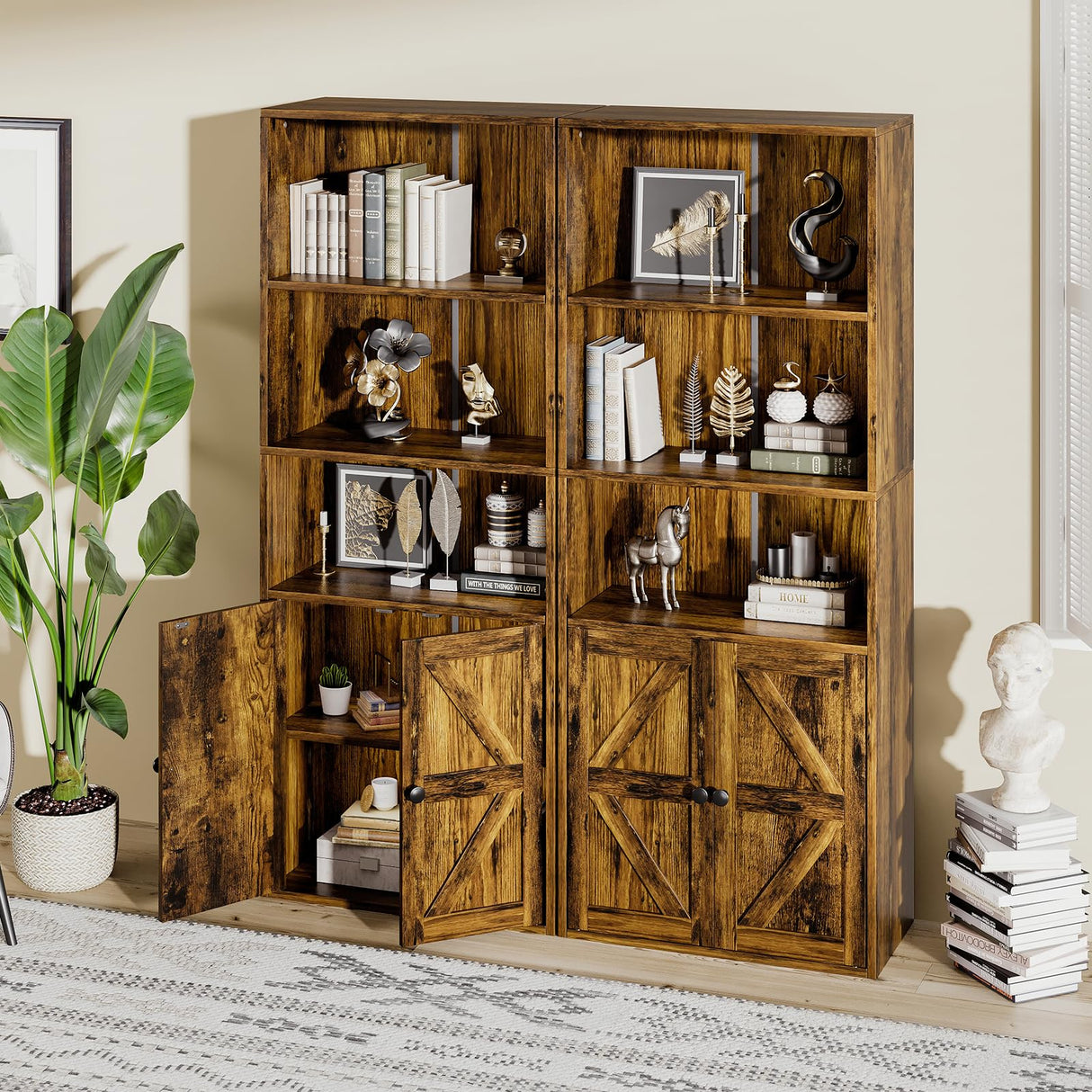 GRUSIGN 60 Inches Book Shelf Bookcase with Doors 5-Tier Floor Standing Wooden Tall Bookshelf with 2 Storage Cabinet and Adjustable Shelf for Home Office Living Room Brown GRUSIGN