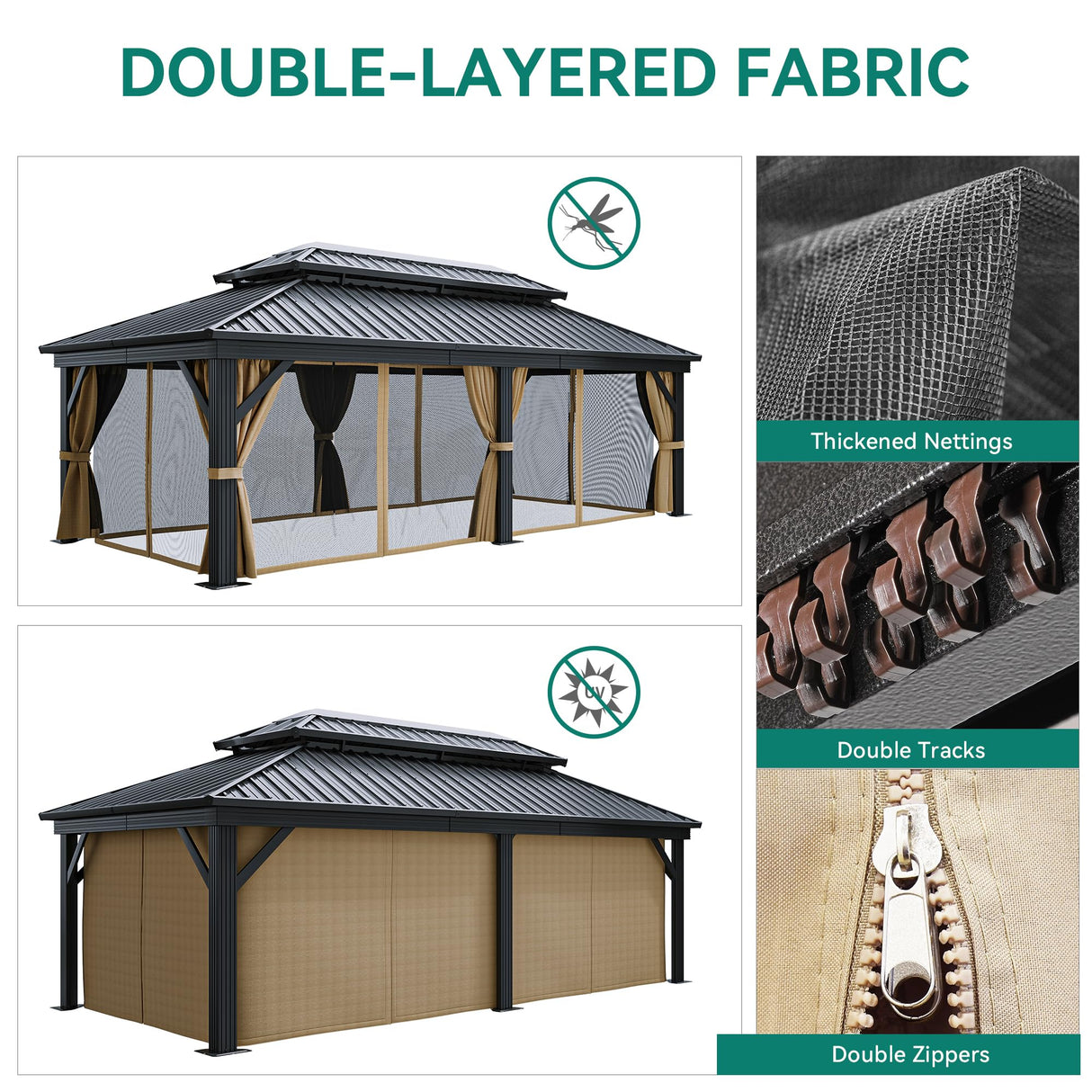 DWVO 12x18ft Hardtop Gazebo Double Roof with Nettings and Curtains, Heavy Duty Galvanized Steel Outdoor Vertical Stripes Roof for Patio, Backyard, Deck, Lawns, Brown DWVO