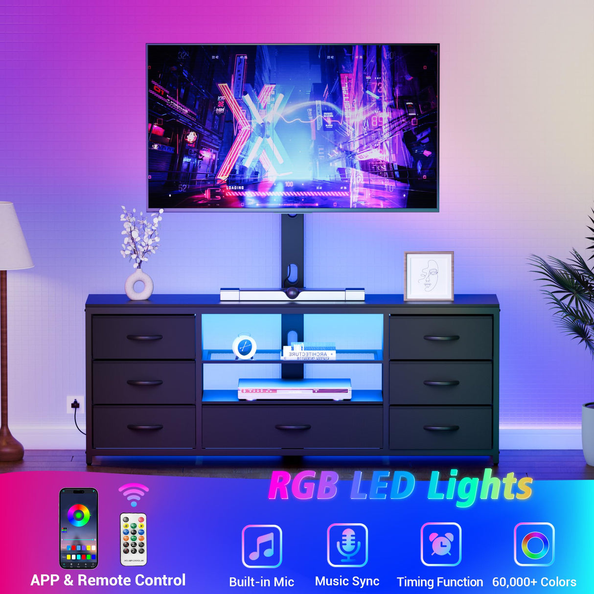 TV Stand with Mount and 7 Fabric Drawers, Led Entertainment Center with Power Outlets for 32 45 55 60 65 70 inch TVs, Black Dresser with Open Shelves Media Console Cabinet for Living Room Bedroom JUSTOGO