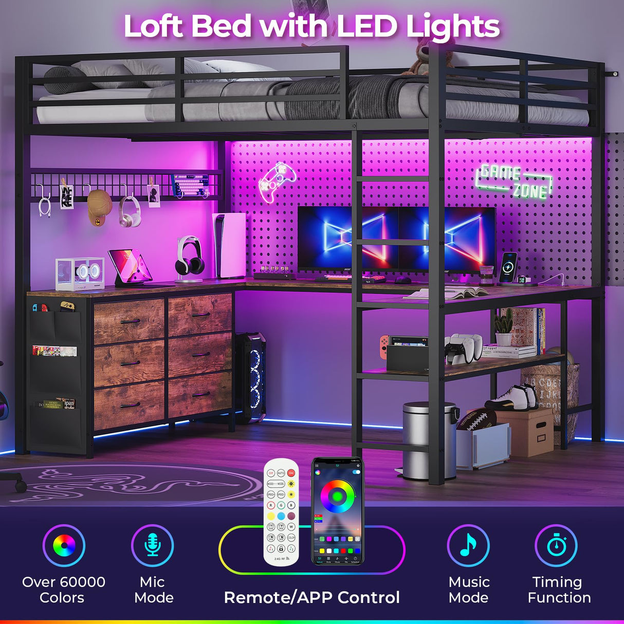 ADORNEVE Loft Bed Full Size with U-Shaped Desk, 6 Storage Drawers, Power Outlet, LED Metal Loft Bed with 2 Storage Shelves, Bed with Safety Guardrail & Ladders, No Box Spring Needed, Rustic Brown ADORNEVE