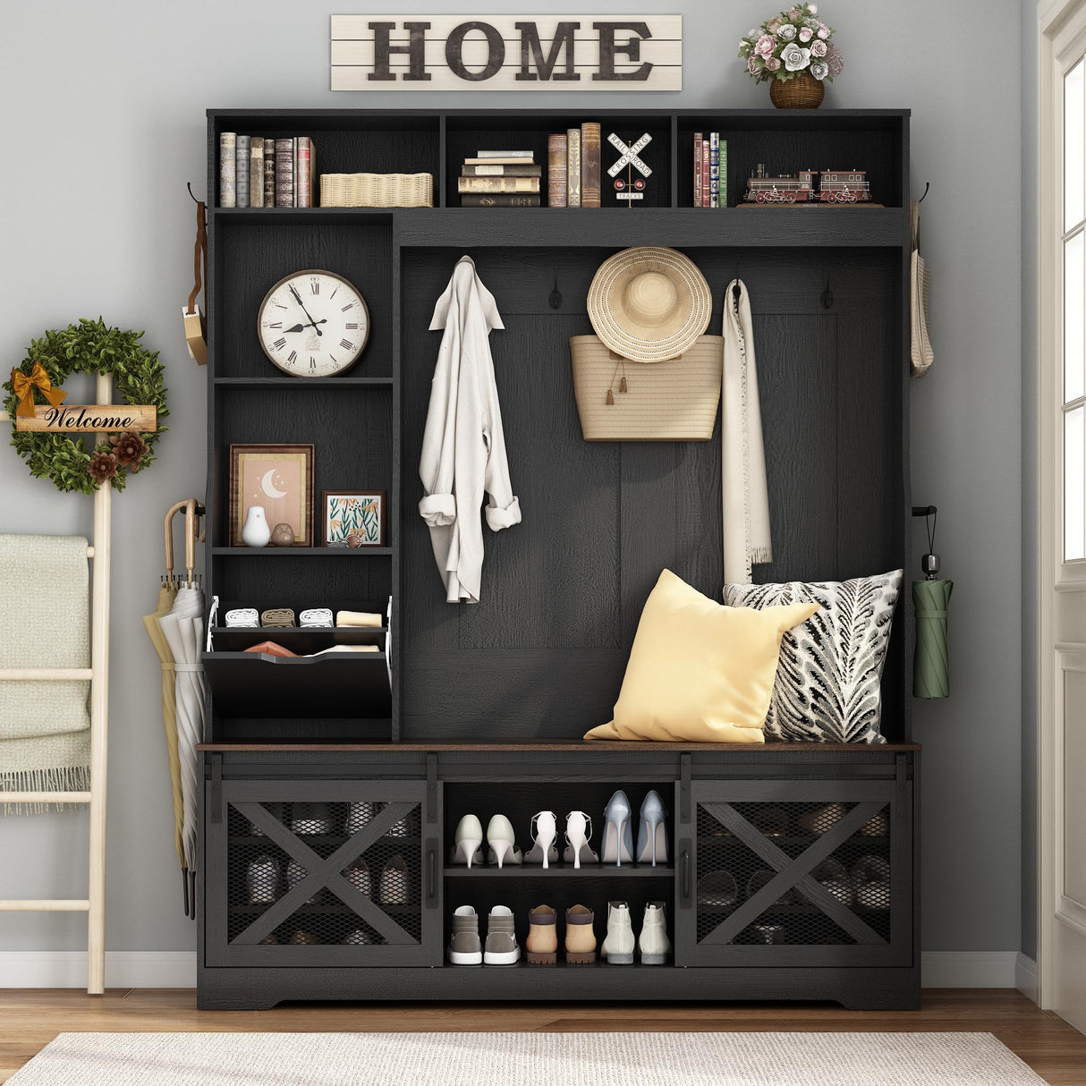 75''H LED Farmhouse Hall Tree with Bench and Shoe Storage,Entryway Bench with Coat Rack,16 Shoe Cubbies & Umbrella Holder and Sock Storage Drawer,Mudroom/Hallway Storages Cabinet(black) chartustriable