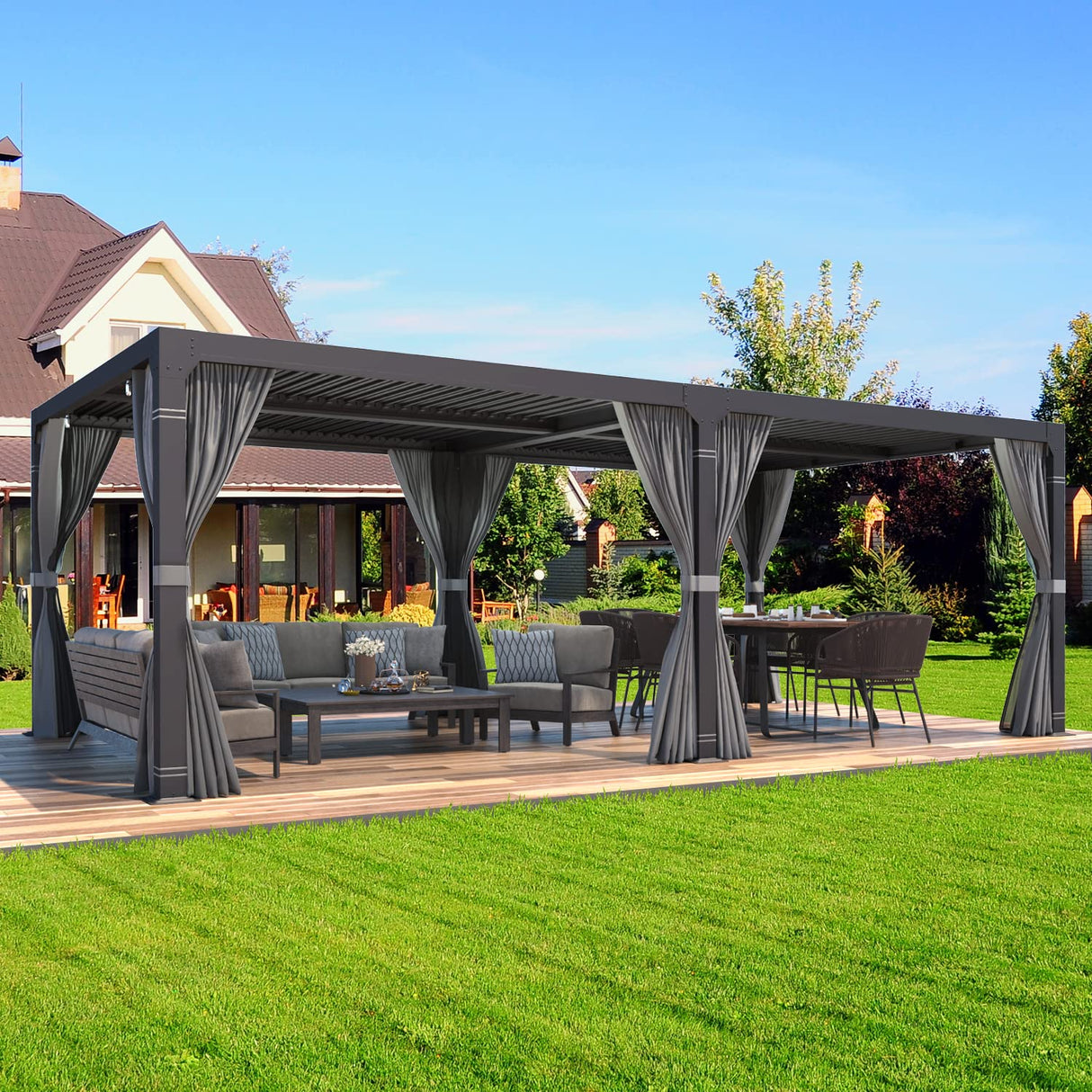 MELLCOM Louvered Pergola 10x20, Aluminum Pergola with Adjustable Louvered Roof, Outdoor Pergola with Waterproof Curtains and Nets, Gray MELLCOM