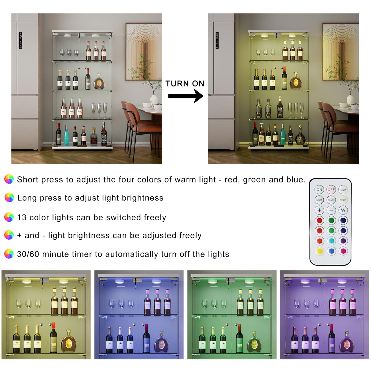 Yoluckea Glass Cabinet with LED Light, 4 Shelves Glass Display Cabinet w/2 Doors,Floor Standing Clear Glass Curio Cabinet Collection Display Cabinet for Living Room Bedroom 64.7” x 31.7” x 14.3” White Yoluckea