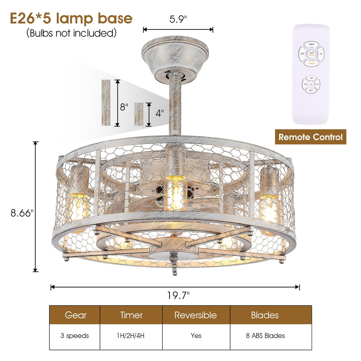 MADSHNE 20" Retro Caged Ceiling Fan with Lights and Remote, Small Farmhouse Ceiling Fan Light, White Rustic Enclosed Bladeless Fan for Bedroom, Kitchen MADSHNE