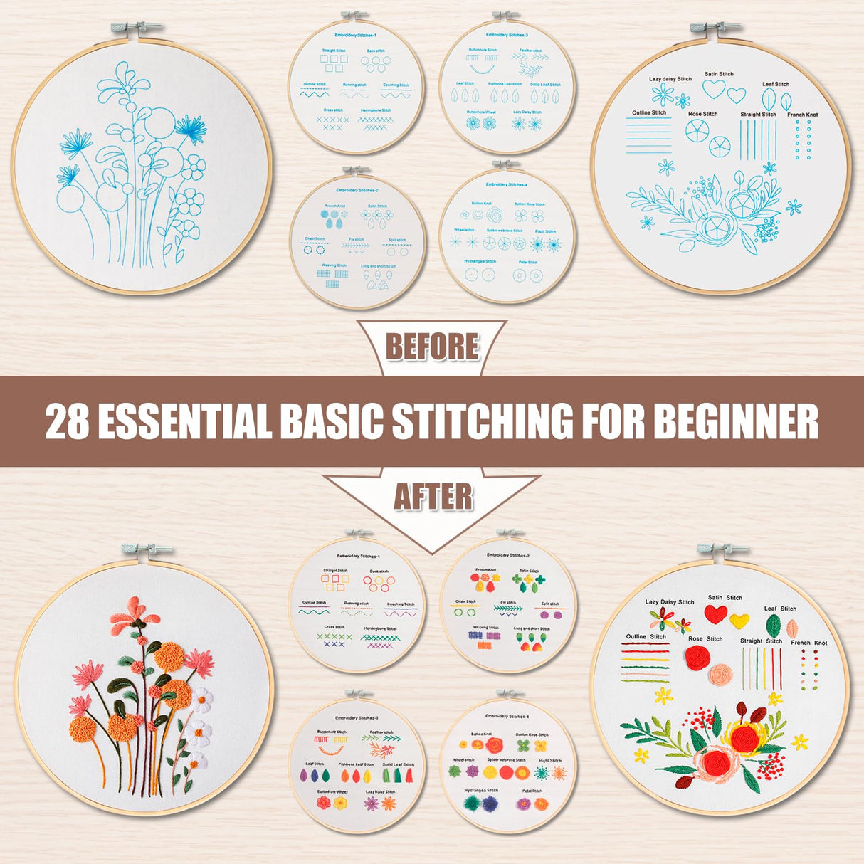 6 Sets Embroidery Kit for Beginners to Learn 28 Basic Embroidery Cross Stitch Practice Kit,DIY Hand Embroidery Kits Includes Stamped Flower Pattern, Hoop, Color Threads,Tools KintKita
