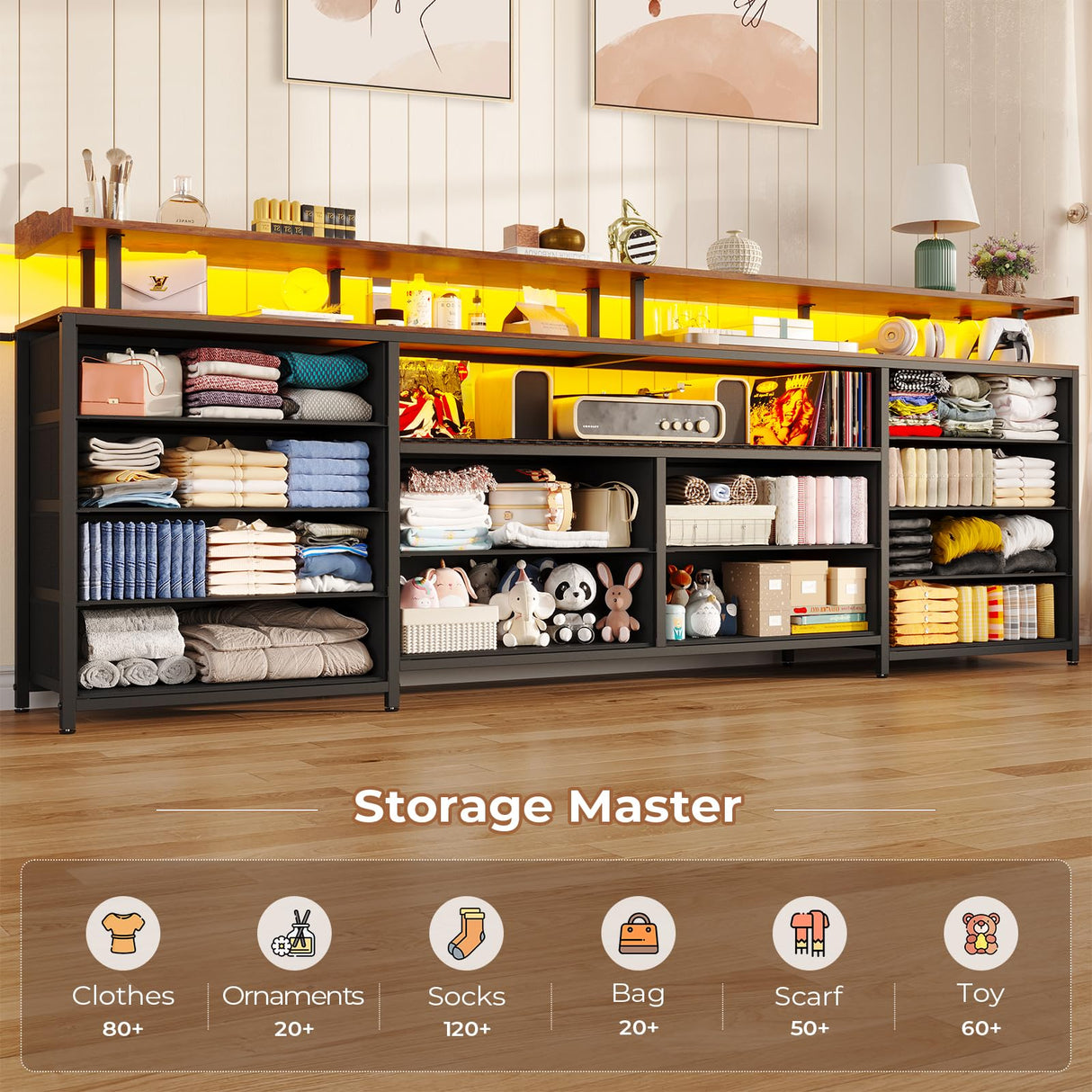 HAUOMS TV Stand Dresser for 65 Inch TV, 63" W Dresser with LED Lights & Power Outlets, Rustic Brown Long Dresser with 12 Fabric Drawers, Entertainment Center with Shelves,for Bedroom HAUOMS