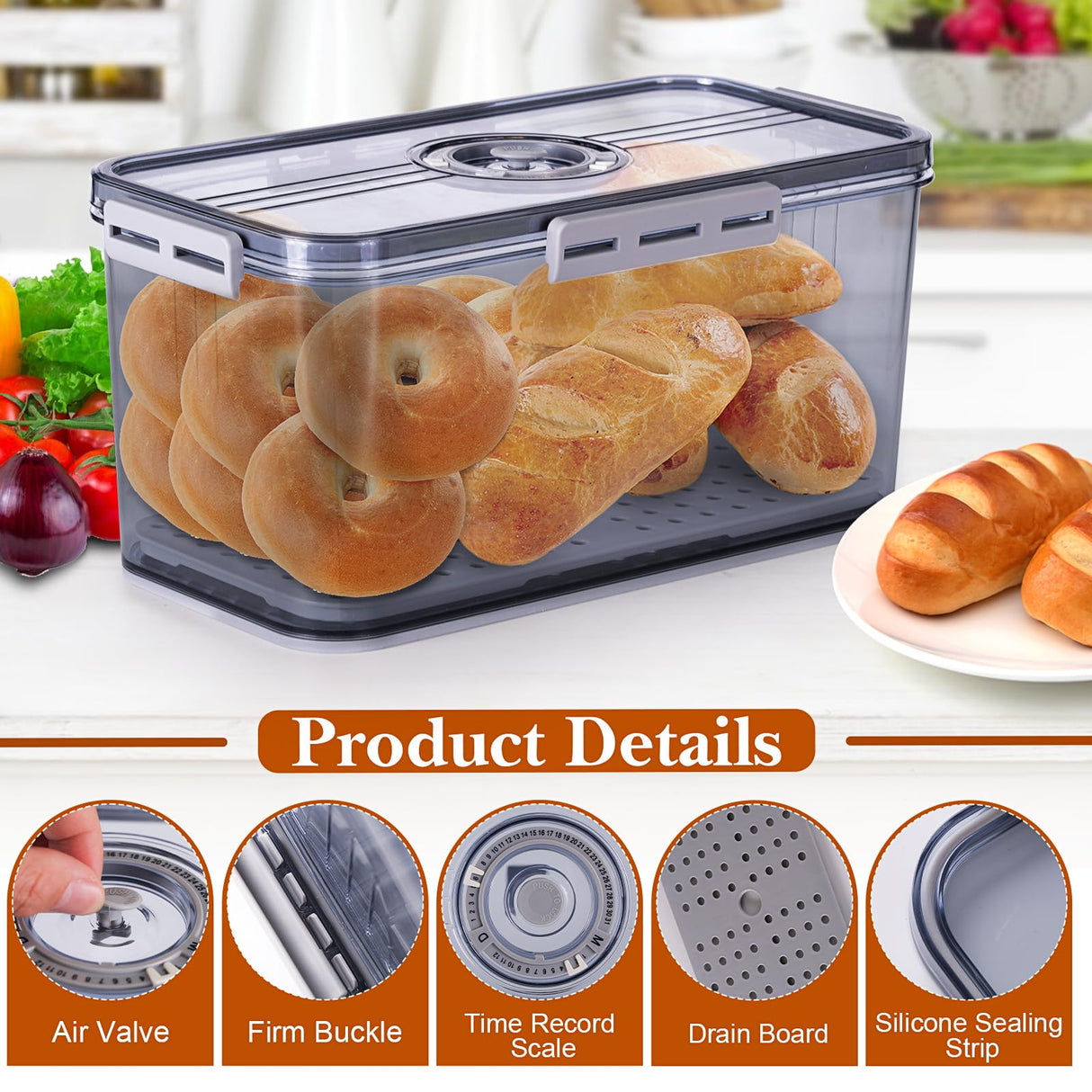ANYPROLUS Bread Box for Homemade Bread, Bread Boxes for Kitchen Counter Airtight, Time Recording Bread Storage Container with Lid, Bread Containers Storage Airtight Loaf Bread Keeper, Grey ANYPROLUS
