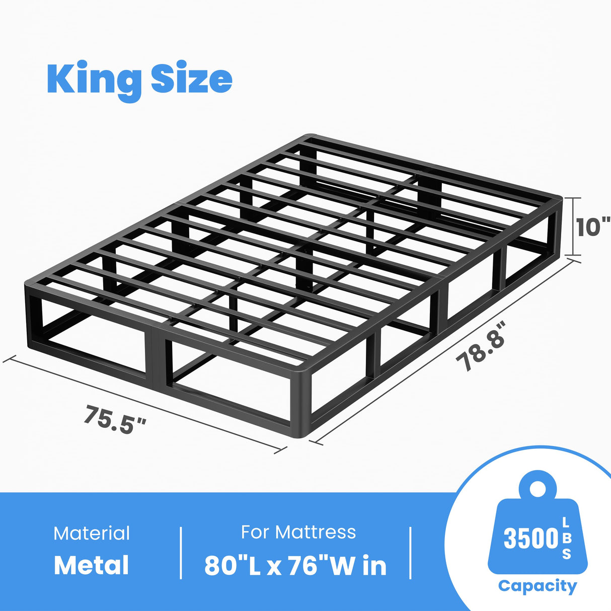 ROIL 10 Inch King Box Spring, Heavy Duty Metal Box Spring Mattress Foundation with Fabric Cover, 3500lbs Max Weight Capacity, Easy Assembly, Noise Free, Non-Slip ROIL