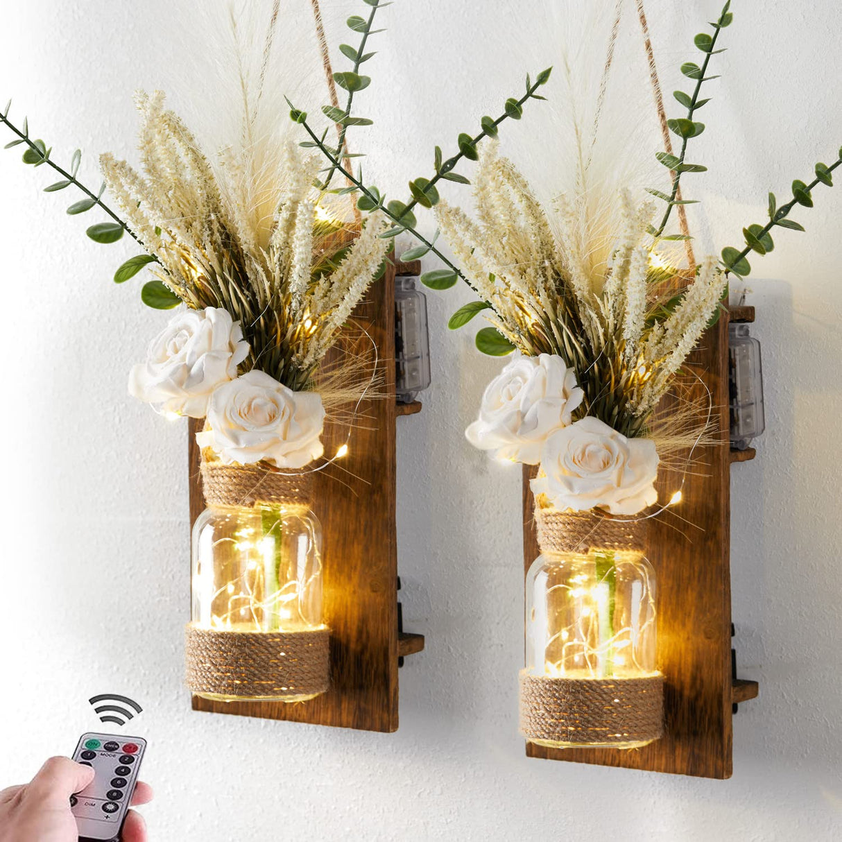 Anna's Whimsy 2PACK Mason Jar Sconce Wall Decor Rustic with Remote Control LED Fairy Lights - Artificial Flowers Spring Decorations for Home Bedroom Farmhouse(White Rose) Anna's Whimsy