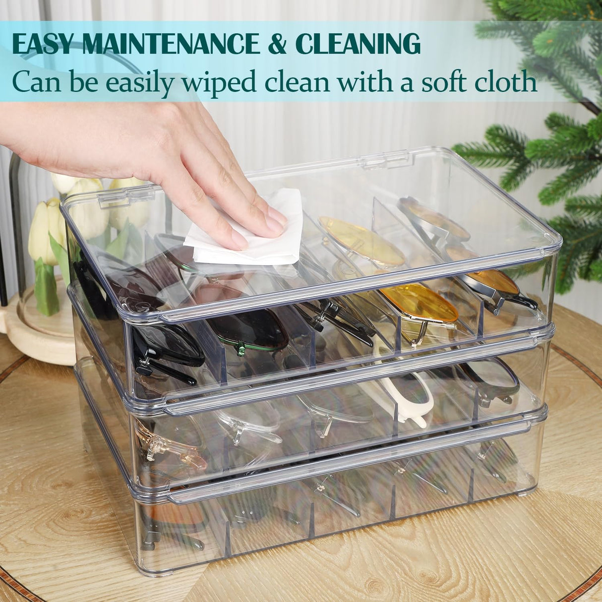 FORUP Sunglasses Organizer, Plastic Stackable Eyeglass Case Storage Organizer, Sunglass Glasses Storage Box with Hinged Lid, 5 Sections, 3 Pack, Clear FORUP