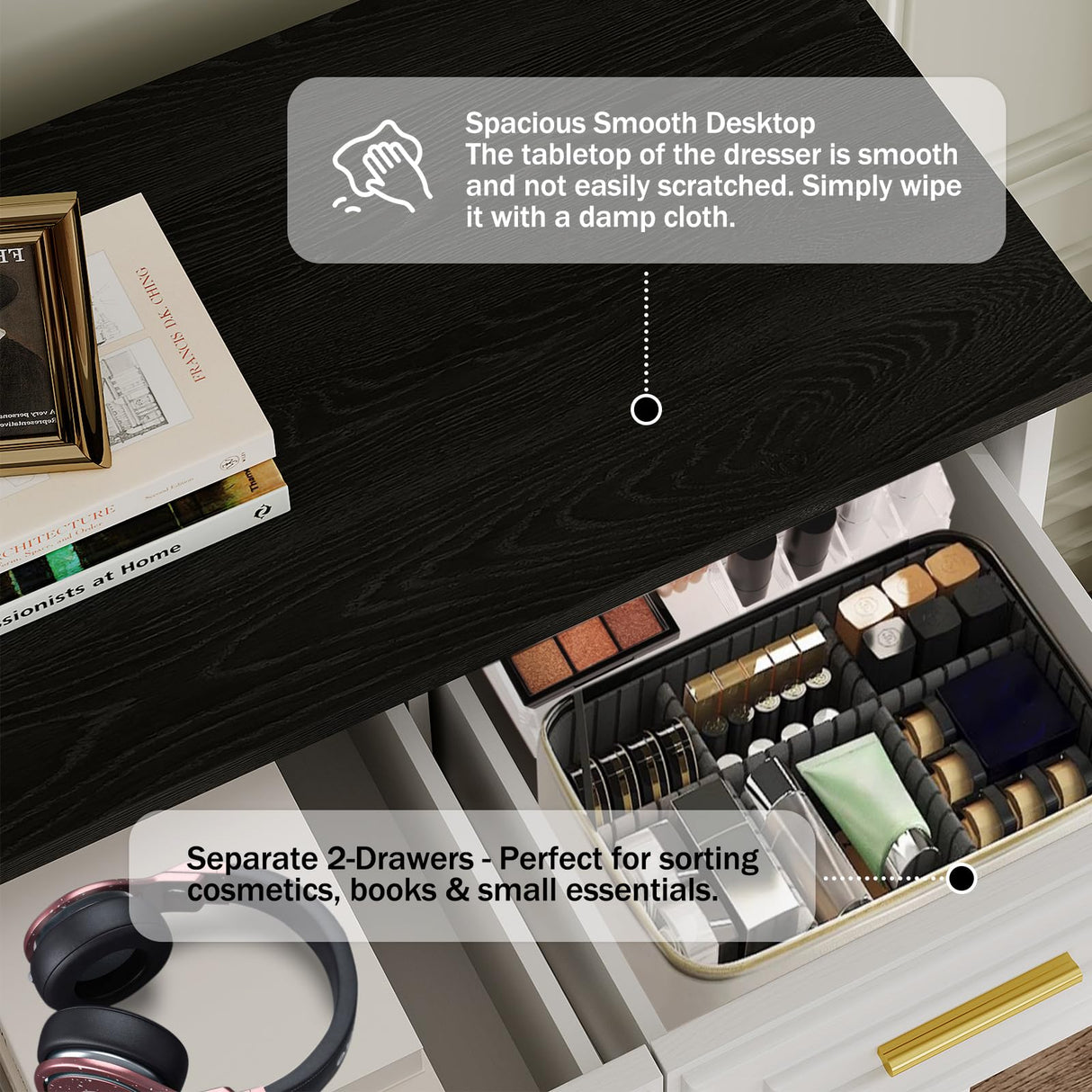 Virabit White Dresser for Bedroom with 6 Drawers, 44" Tall Wooden Farmhouse Cabinet, Modern Kids Dresser with Metal Handle, Mid Century Chest of Organizer for Closet, Living Room, Hallway Virabit