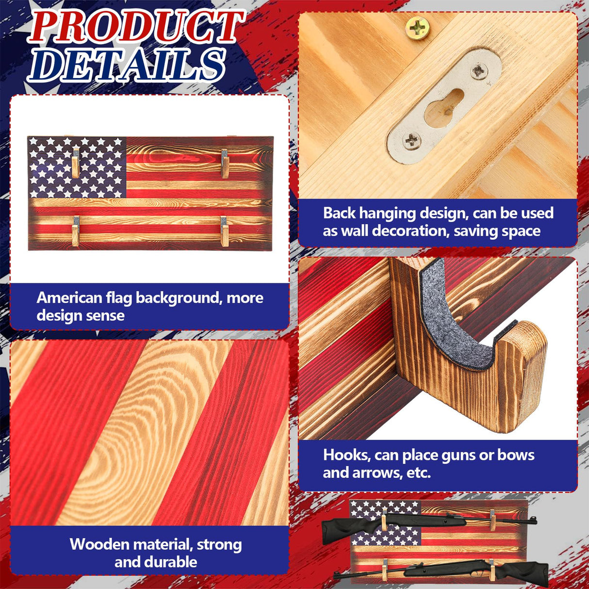 Colingmill Wall Mount Gun Rack Indoor Gun Rack for 2 Guns Wooden Gun Display Rack Wood Gun Storage Shelf with Flag Background Guns Wall Holder for Guns, Bows and Arrows Colingmill