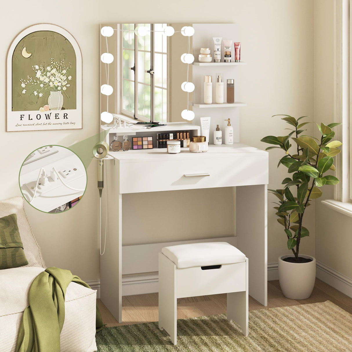 Vabches Makeup Vanity Table with Lighted Mirror & Power Strip, White Vanity Set, Lots Storage, 3 Lighting Modes, Brightness Adjustable, 31.5 * 15.75 * 57.7in, White Vabches