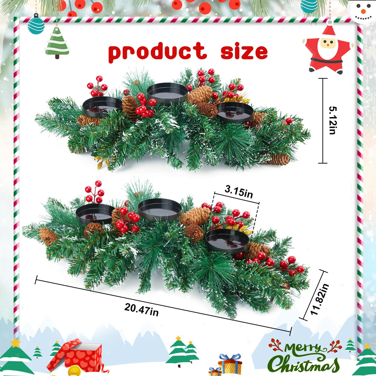 Brightown 20.5“ Iron Christmas Candle Holder, Pine Needles, Red Berries, Gold Balls and Golden Branches Tabletop Decoration with 3 Candle Holders for Christmas Home Decoration Brightown