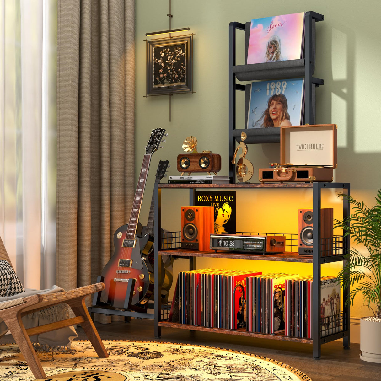 kepptory Tall Vinyl Record Player Stand with LED Lights, 3 Tier Record Storage Cabinet with Vinyl Holder and Guitar Stand, Media Display Shelf, Mid Century Modern Bookshelf, Turntable Stand (Brown) kepptory
