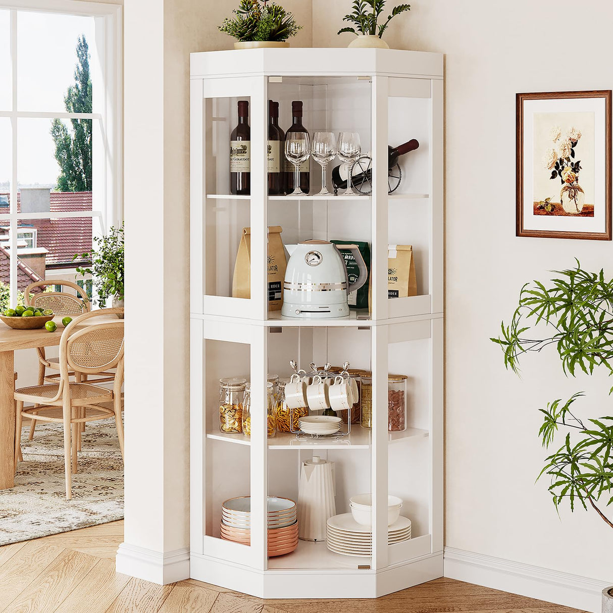 UKAOCAI 70''H Tall Corner Cabinet with Glass Doors,Farmhouse Storage Cabinet with 4 Shelves & Top Guard Rail,Home Pantry Hutch for Bar,Kitchen, Dining Living Room, Bathroom, White UKAOCAI