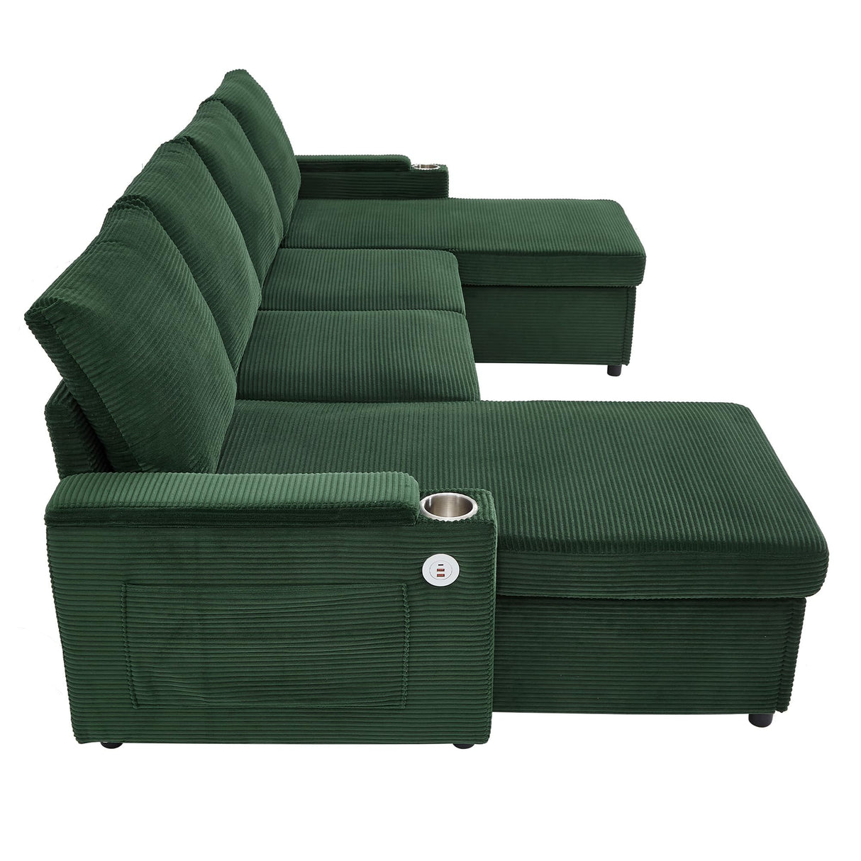 LUMISOL Convertible Sectional Sleeper Sofa Bed, 110" U-Shaped Sofa with Pull Out Bed, Corduroy 6-Seater Modular Couch with Double Storage Chaise, Cup Holders & USB Ports for Living Room, Green LUMISOL