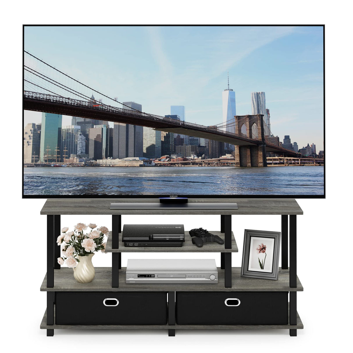 Furinno JAYA Large Stand for up to 55-Inch TV, French Oak, 47. 63(W) x 15. 55(H) x 22. 79(D) Inches., Grey/Black Furinno