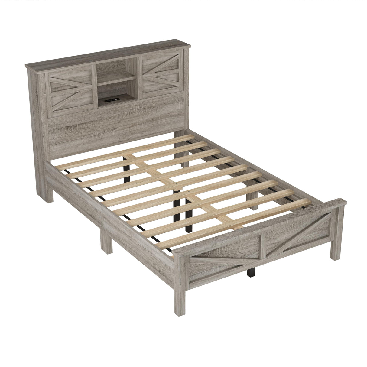 Farmhouse Full Size Bed Frame with Charging Station, Adjustable Headboard Shelves, and Sliding Barn Doors in Antique Gray Bellemave