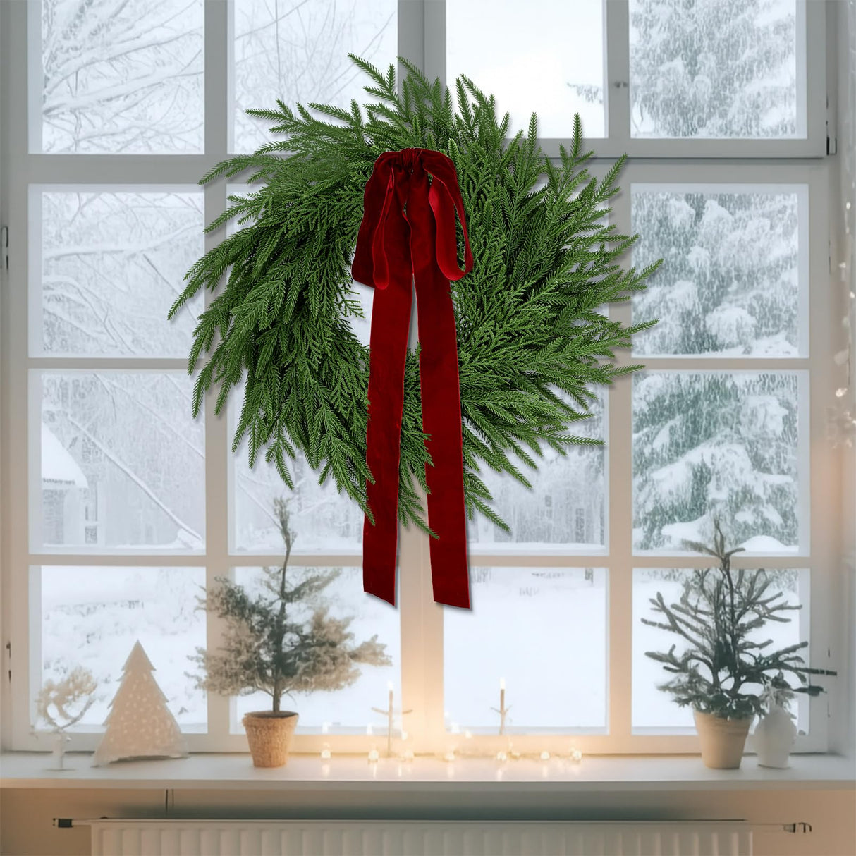 ENVEN Artificial Norfolk Pine & Cedar Christmas Wreath with Velvet Bow – Real Touch Faux Greenery Holiday Front Door Decoration for Indoor Outdoor Use ENVEN