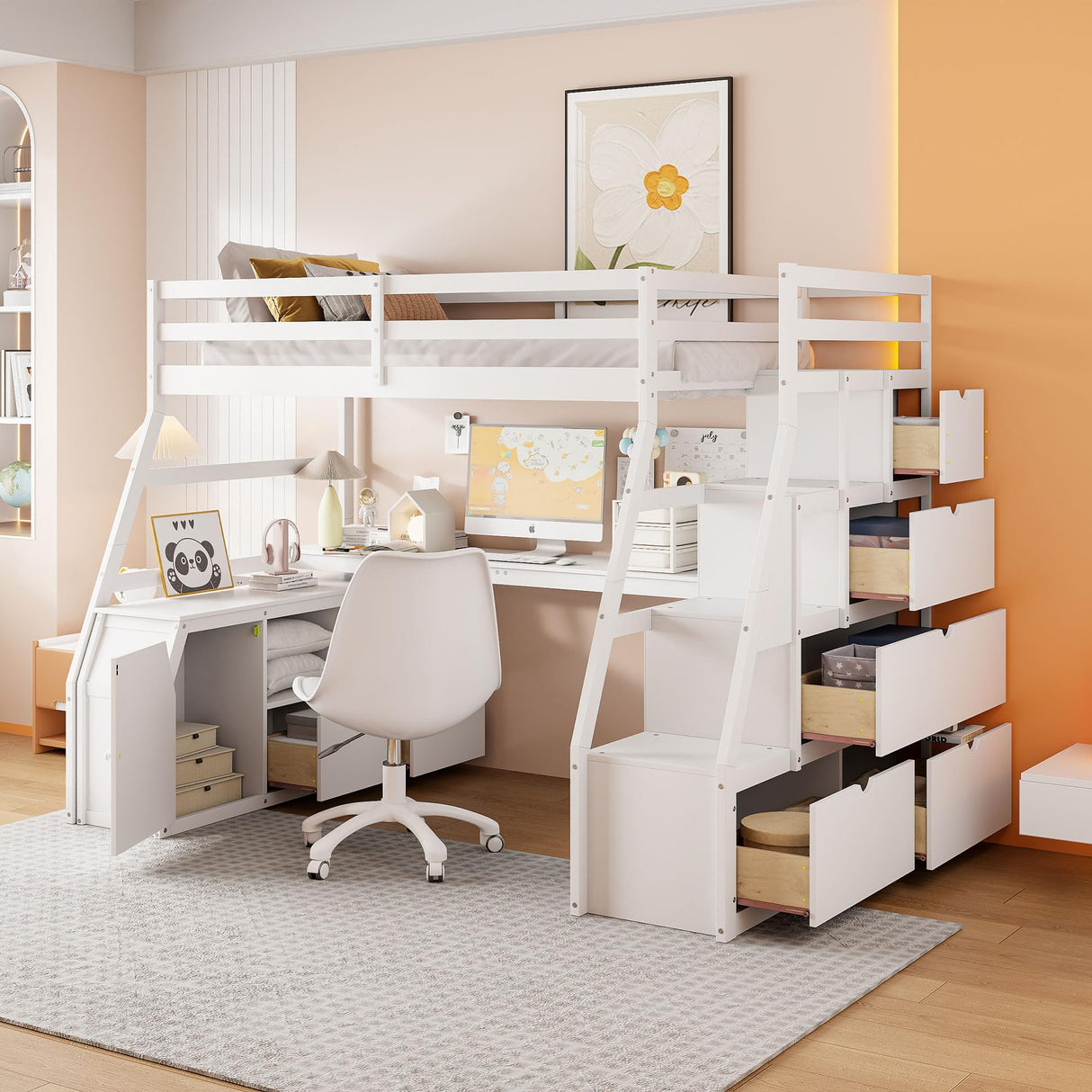 MERITLINE Full Size Loft Bed with Desk and Storage Stairs, Wood Loft Bed Full with 7 Drawers & 2 Shelve,High Loft Bed with Desk Underneath for Kids Teens Boys Girls,White MERITLINE