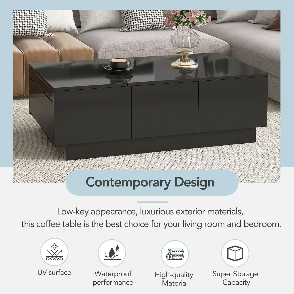 Multifunctional Coffee Table with 2 Large Hidden Storage Compartment, Extendable Cocktail Table with 2 Drawers, High-Gloss Center Table with Sliding Top for Living Room, 39.4"x21.6", Black Harper & Bright Designs