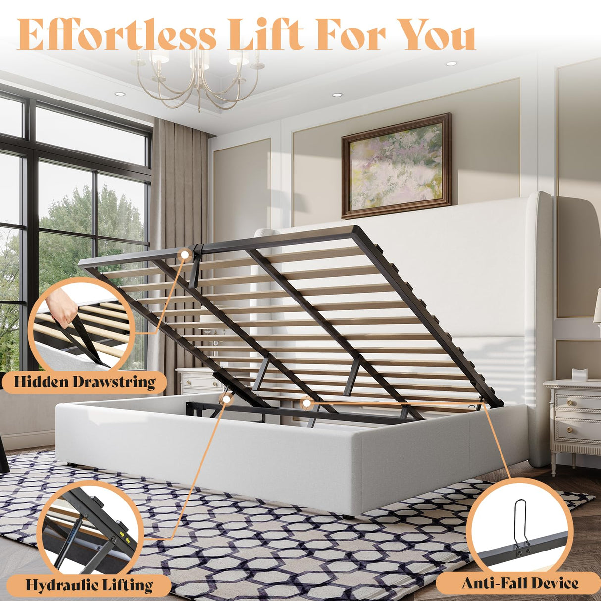 AMERLIFE Lift Up Storage Bed King Size Linen Upholstered Platform Bed Frame, Hydraulic Storage,Modern Wingback Headboard, No Box Spring Needed, White AMERLIFE