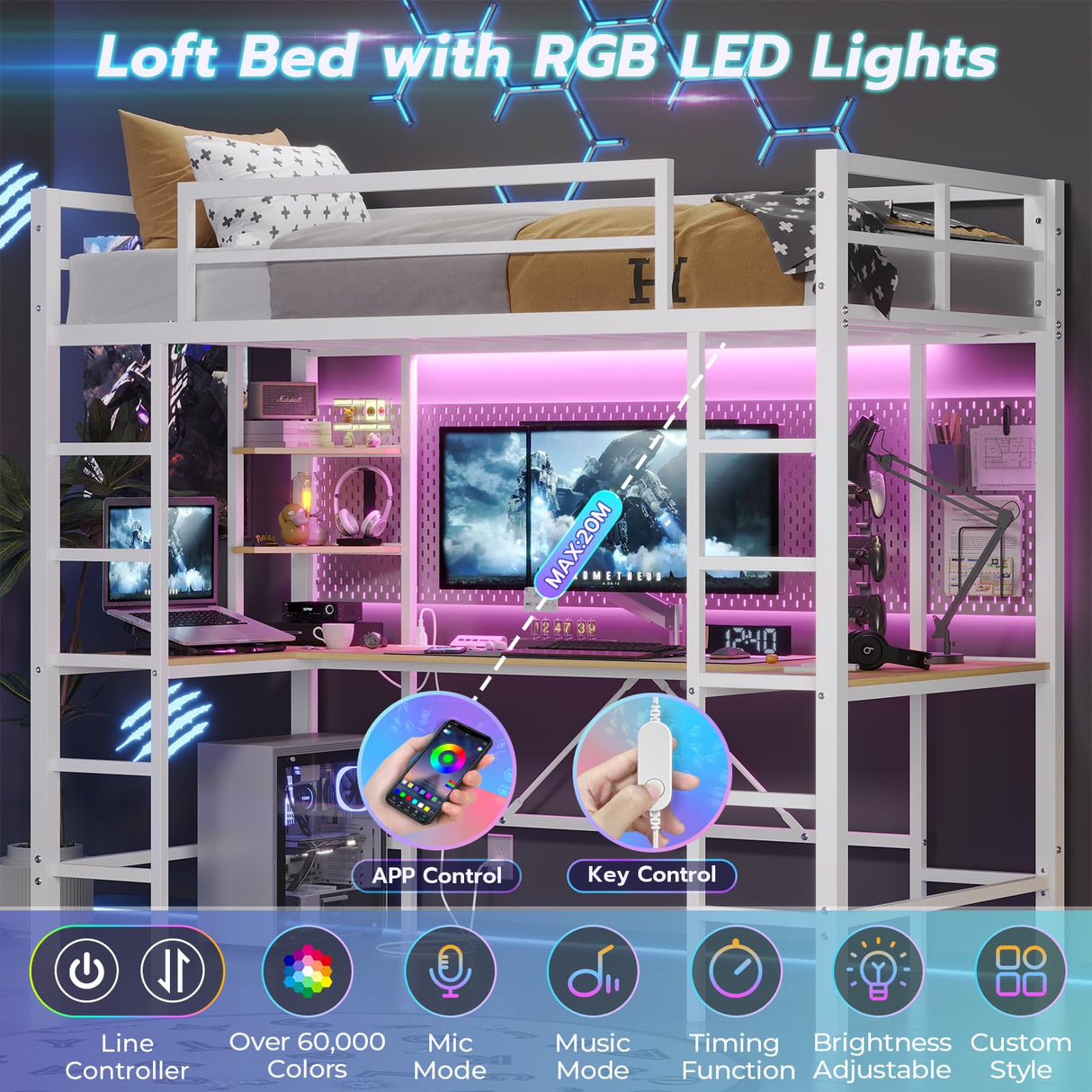 DICTAC Loft Bed Twin Size with U Shaped Desk and Led Lights Metal Twin Loft Led Bed Frame with Charging Station and Storage Shelves, Safety Guard & Ladder, No Noise,No Box Spring Needed, White DICTAC