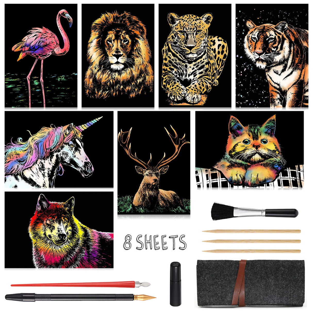 Scratch Art Paper(A4) for Kids & Adults, Rainbow Painting Night View Scratchboard, Art Craft, Crafts Set: 8 Sheets Scratch - Unicorn/Flamingo/Cat/Deer/Tiger/Leopard/Lion/Wolf & 6 Tools (Animal World) M MUGIT