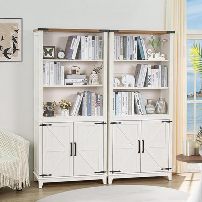 Joaxswe 5 Tier Bookshelf 70in Tall Bookcase with Barn Doors and Storage Cabinet, White Farmhouse Book Shelf with Adjustable Shelves, Wood Freestanding Display Bookshelves for Bedroom, Kitchen (2PCS)