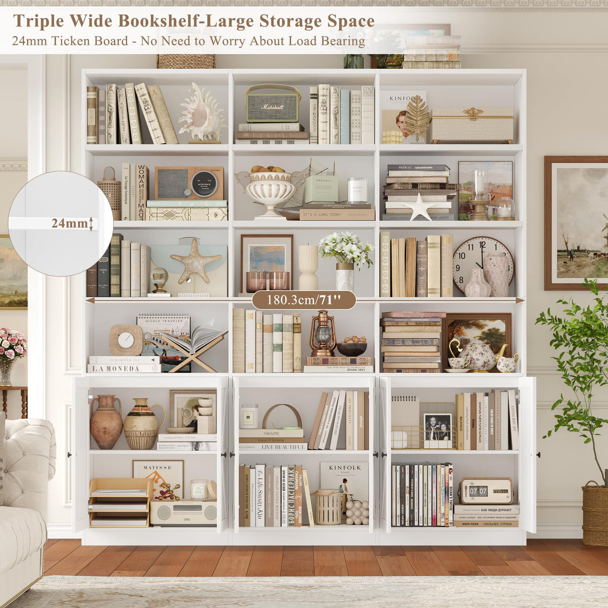 FACBOTALL 75" Triple Wide Bookshelf, White Bookshelf and Bookcase with 6 Farmhouse Doors, 71" Wide 6 Tier Book Shelf with 18 Storage Shelves, Large Wooden Bookshelves, Tall Bookcase for Office, White FACBOTALL