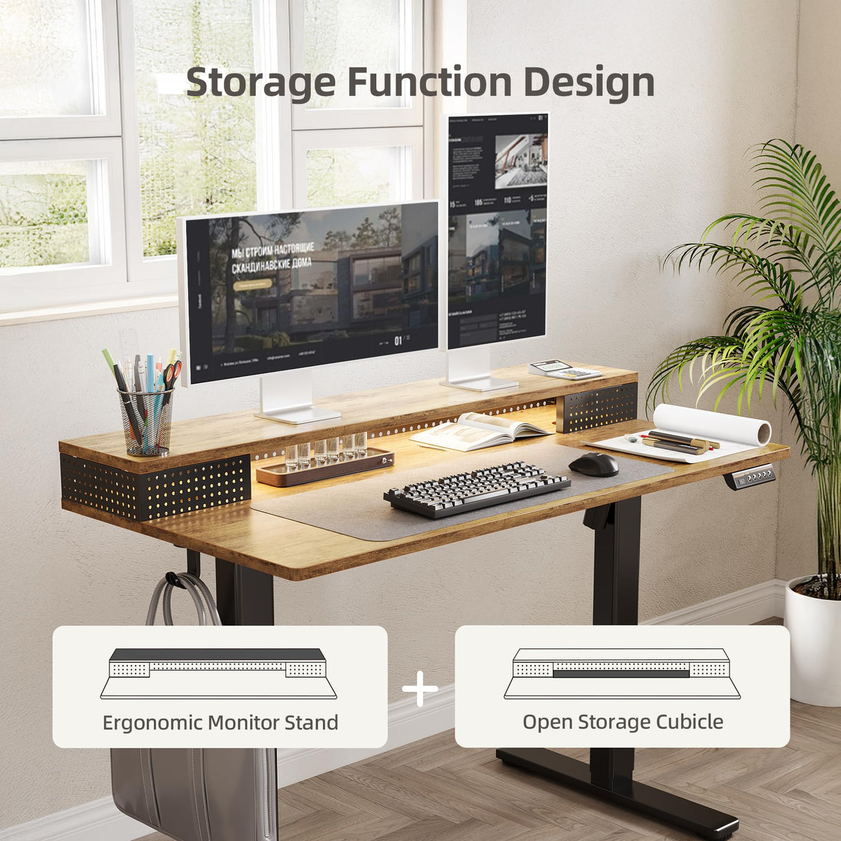 Claiks Electric Standing Desk with Shelf, 48 Inch Height Adjustable Standing Desk with LED Lights & Monitor Stand, Black Frame/Rustic Brown Top Claiks