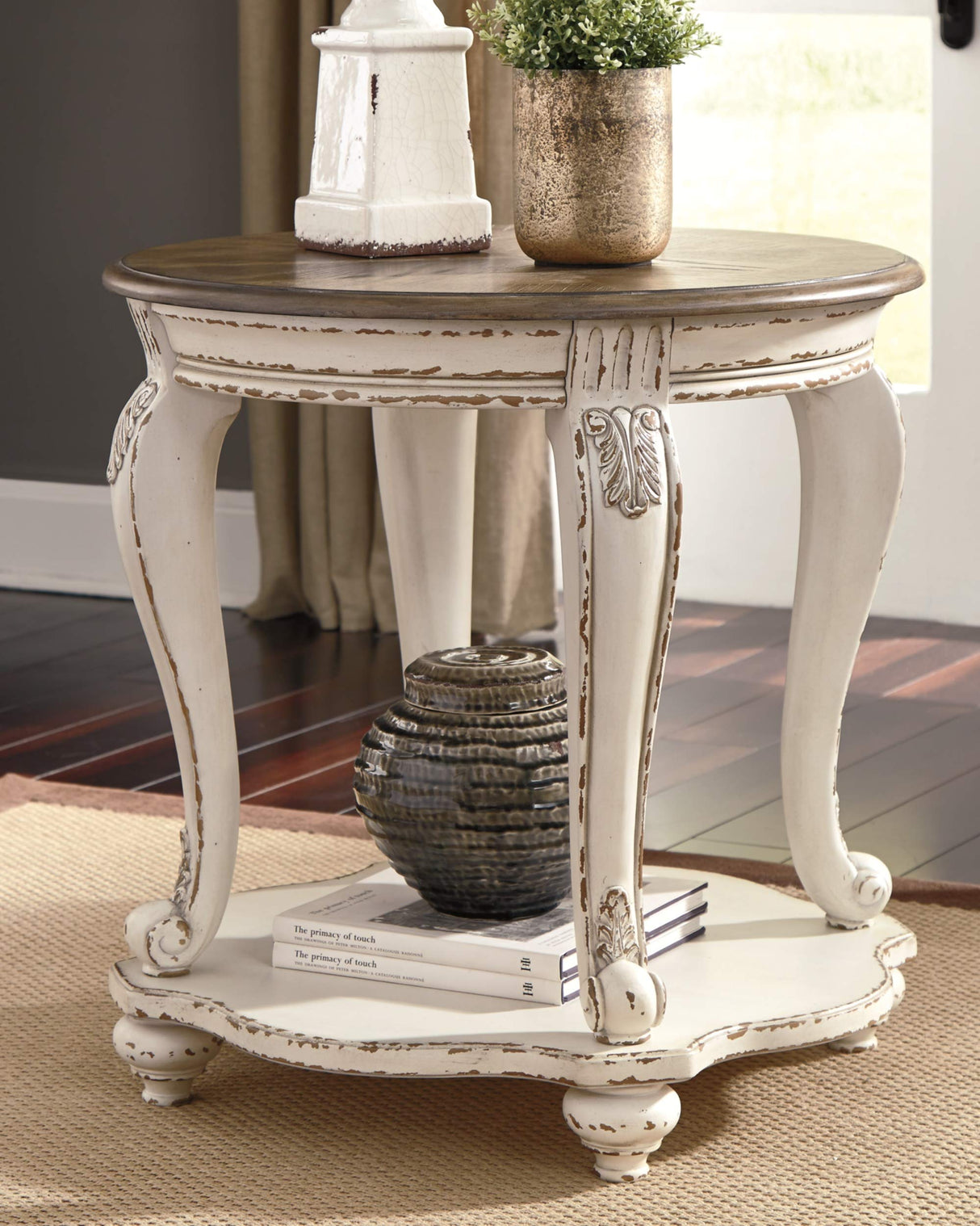 Signature Design by Ashley Realyn French Country Two Tone Round End Table, Chipped White Signature Design by Ashley