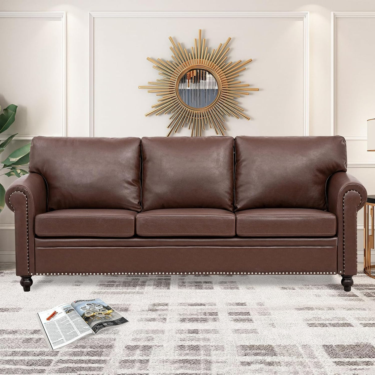 Brown Leather Couch, Comfy Classic 3 Seater Living Room Sofa,Mid-Century Modern Sofa with Detachable Cushions 84" for Living Rooms, Bedrooms, Offices,Apartments Tool-Free Assembly(Brown PU + Sofa) INOTEVERITORY