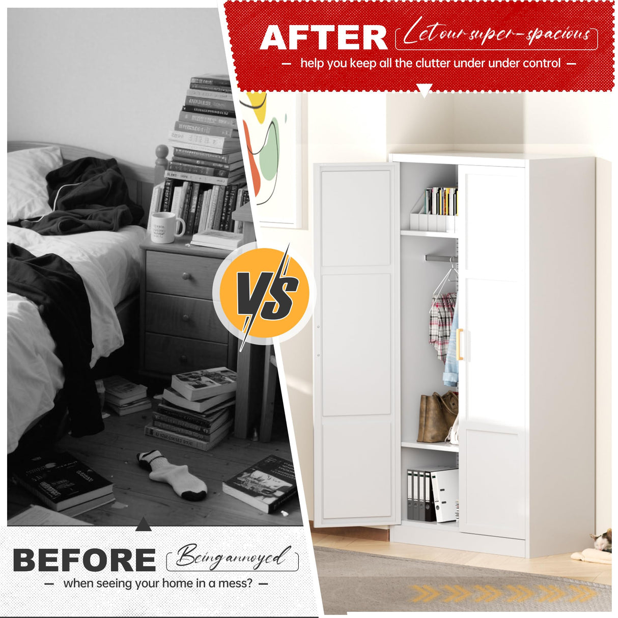 Superday Metal Wardrobe Closet, 72" H Bedroom Armoires with Wooden Handle, Storage Cabinet with Adjustable Shelves and Hanging Rods, Steel Storage Locker Closet for Home, Office, Employee, Gym (White) Superday