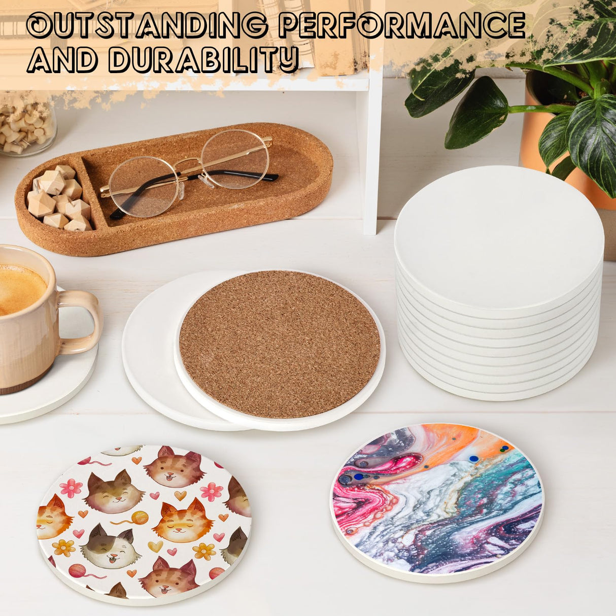 Ceramic Tiles for Crafts, GOH DODD 48 Pack Unglazed Blank Coasters White Tiles with 48 Cork Backing Pads for Alcohol Ink, Painting, Acrylic Pouring, DIY, Art Projects, Decorating, Round, 4 Inch GOH DODD