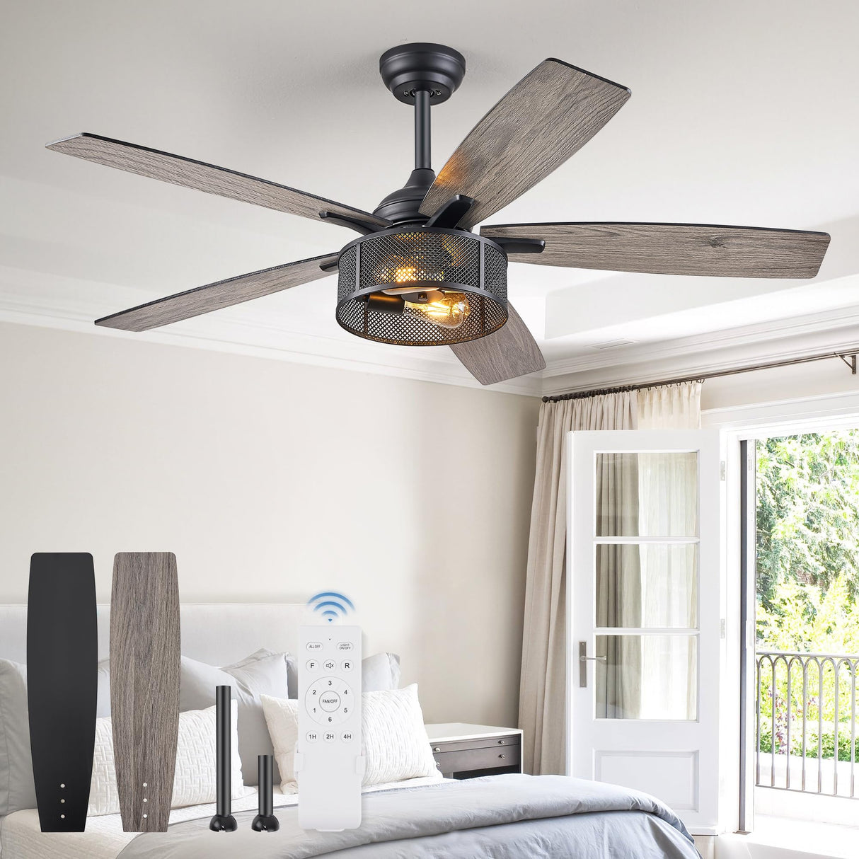 Farmhouse Ceiling Fans with Lights and Remote, 52 Inch Industrial Black Caged Ceiling Fans for Living Room Bedroom Kitchen, 6 Speed Reversible Quiet DC Motor, Dual Finish 5 Blades Fanbulous