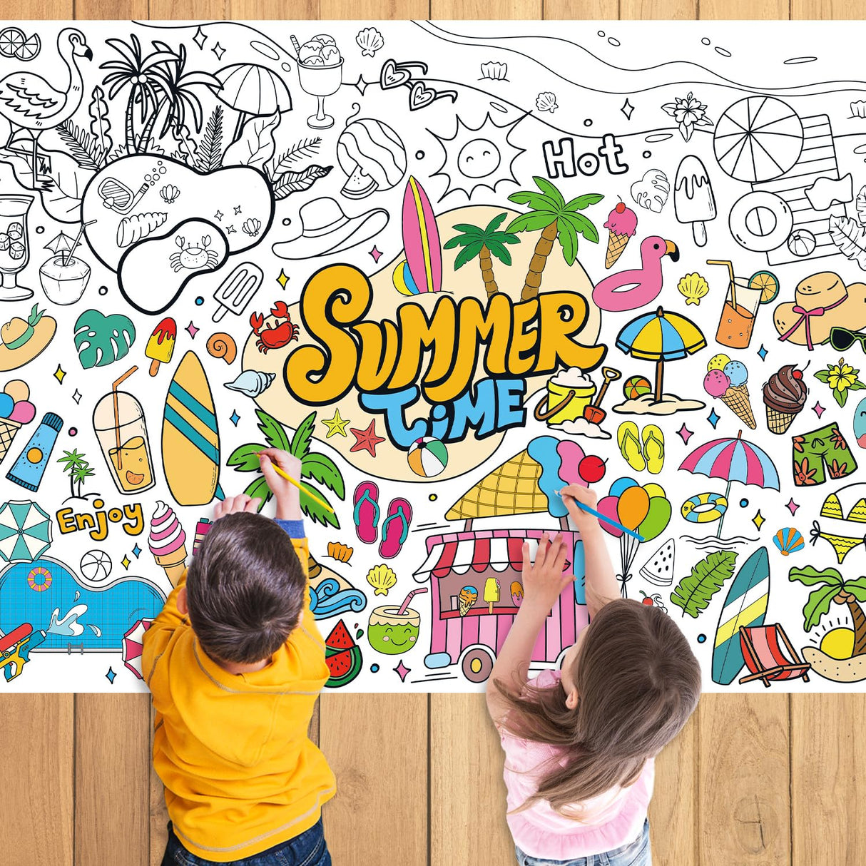 43.3x31.5" Summer Coloring Poster with Picture, Giant Summer Time Painting Poster, Large Coloring Tablecloth for Classroom Home Birthday Party Supplies Favor Nicime